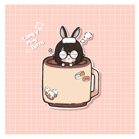 An illustration of chibi wispy lounging in hot cocoa with a towel on their head.