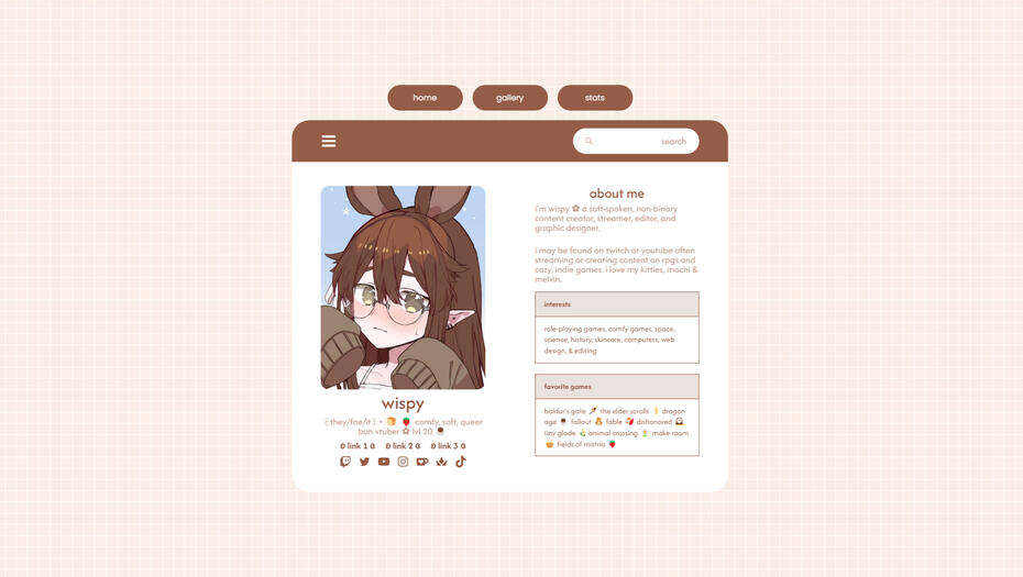 A &quot;cozy template&quot; carrd preview that is comprised of white, cream, and brown colors. It features a profile picture, about me, embed socials, interests, and favorite games of the user. The overall style is a minimalist application or browser-themed website.