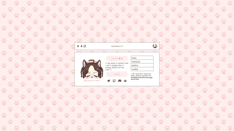 A Carrd website, it has a light pink background with darker pink dog paws. The body of the website is social media & internet browser-themed.