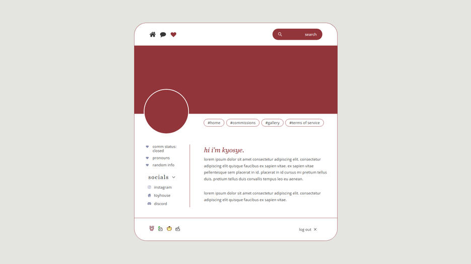 A muted website featuring gray, deep red, and a blue gray accent in a social media style similar to Twitter or BlueSky.