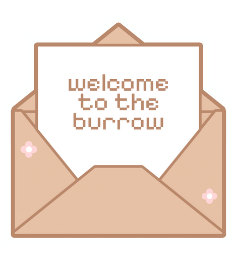 An illustration of an opened brown envelope with a paper saying "welcome to the burrow"