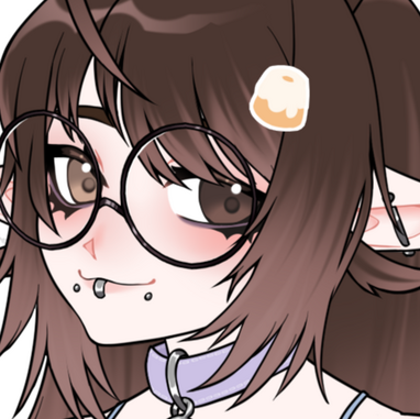A Picrew of Wispy, a white solemnly-expressed elf with brown long messy hair, fluffy bangs, bunny ears, black choker, black round glasses, white tank top, brown cardigan, two flower hair pins, and a teddy bear plush.